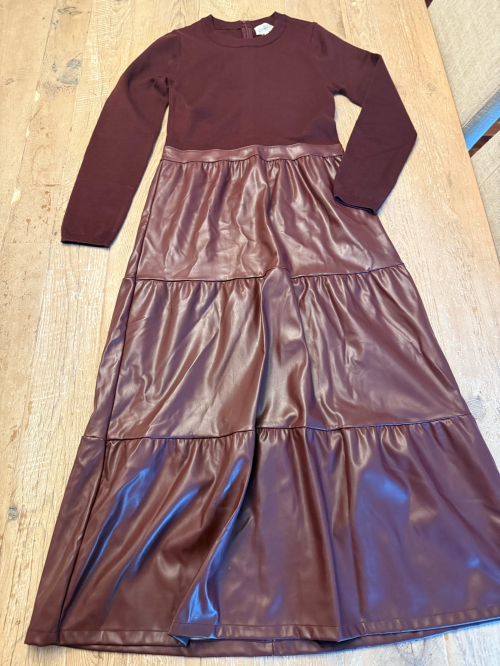 Able Burgundy Faux Leather Tiered A-Line Dress M